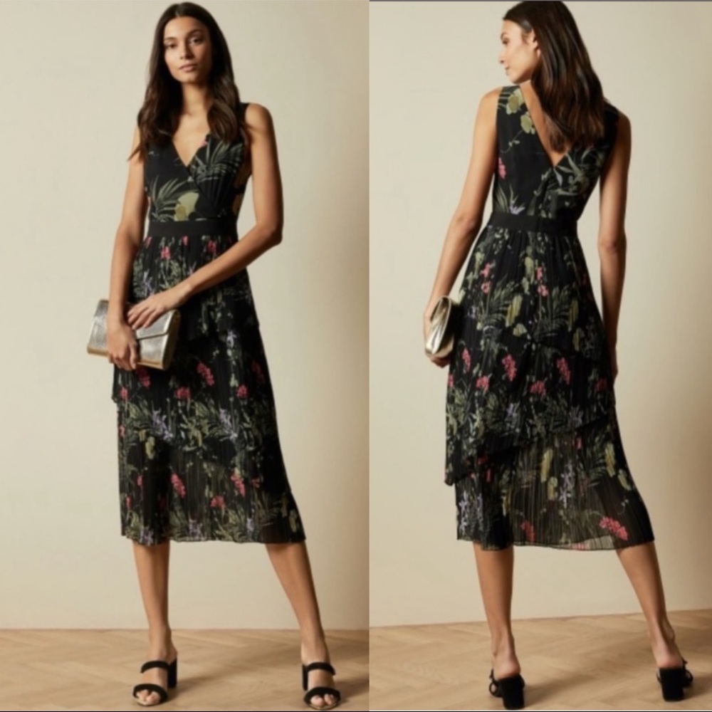 TED BAKER NWT Malinae Highland Tiered Pleated Floral Printed V Neck Midi Dress - Picture 10 of 10